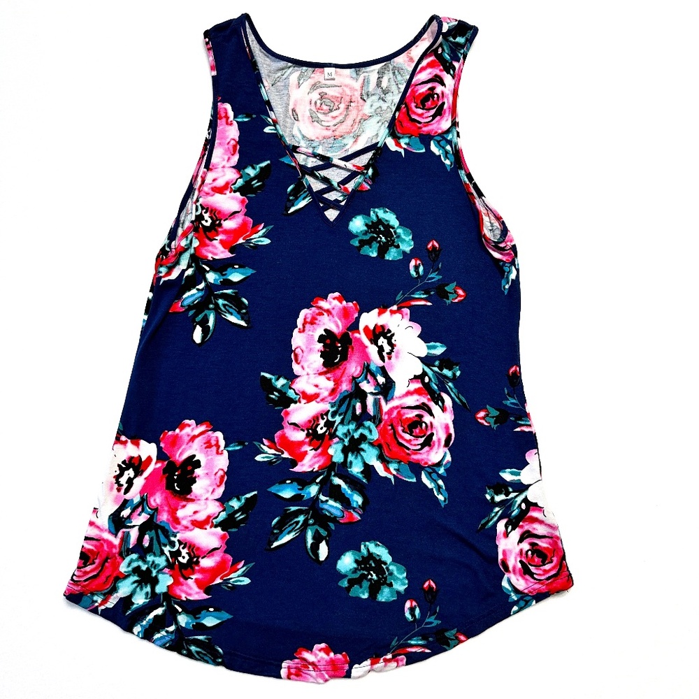 Women’s Sleeveless Floral Tank Size Medium Criss Cross Casual Blouse
